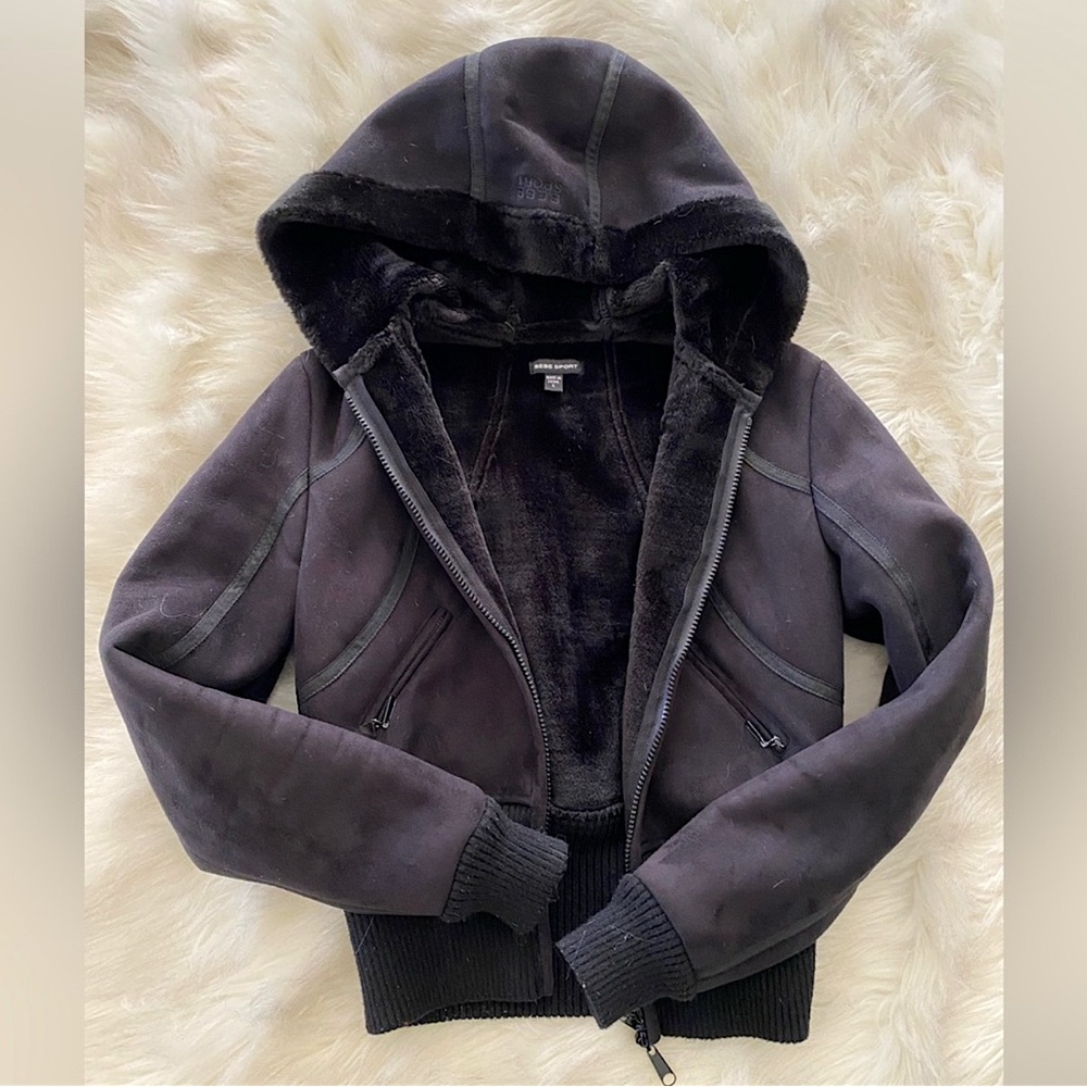 Bebe black shearling suede hoodie jacket